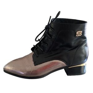 Black and Bronze Leather Tie Booties